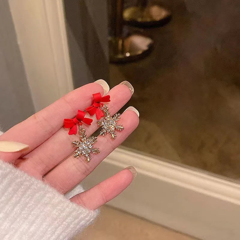 New Red Bow Knot Snowflake Christmas Santa Claus Snowman Drop Gold Silver Women Earring Jewelry Gift