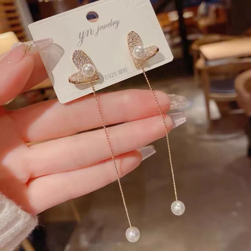 Crystal Heart Pearl Chain Tassel Long Drop Earrings Women Temperament Fall Christmas Jewelry Gift