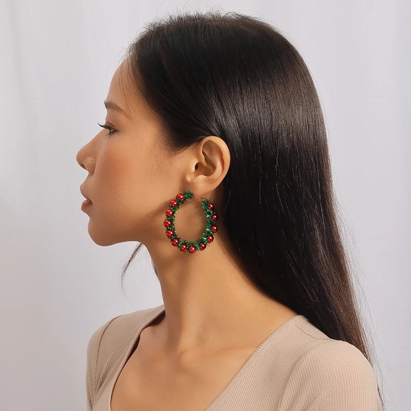 Fashion Merry Christmas Wreath Circle Hoop Gold Women Girls Earrings New Year Festival Jewelry Gifts