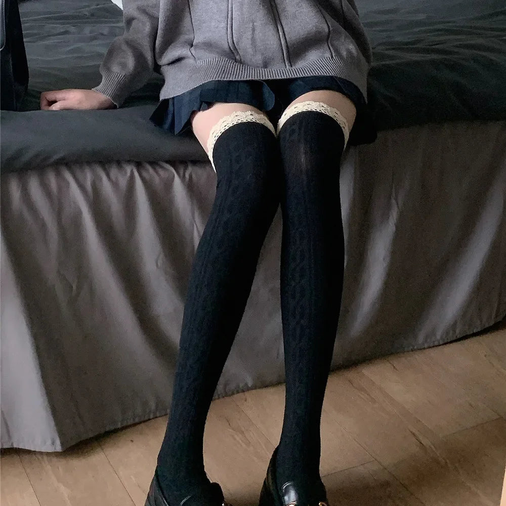 Autumn Winter Black White Grey Thigh High Lace Cute Thick Warm Long Leg Socks Women Stockings