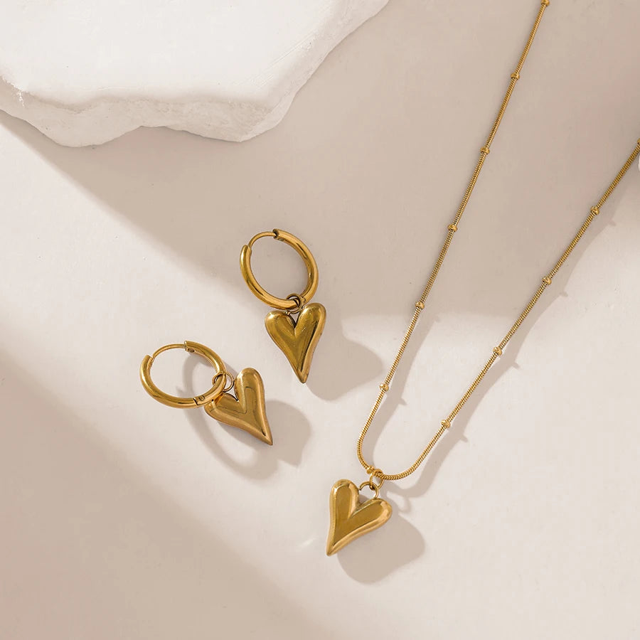Gold Color Heart Love Necklace Earrings Trendy Women New Party Fall Jewelry Set Gift