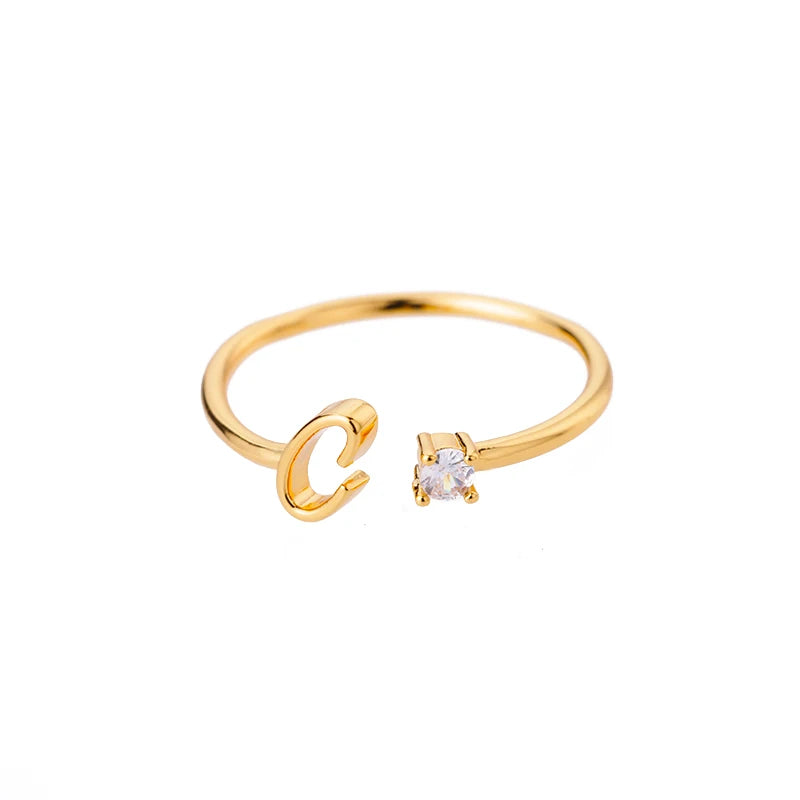A-Z Initial Open Adjustable Wedding Trendy Crystal Zircon Gold Couple Women Rings Jewelry Gift