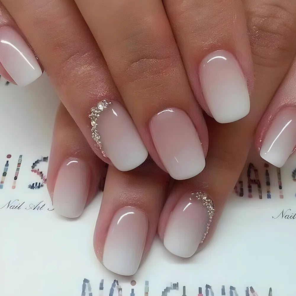 24pcs Simple Square Jelly Glue Gradient French Press on Fake False Nails Short Full Cover Nail Tips