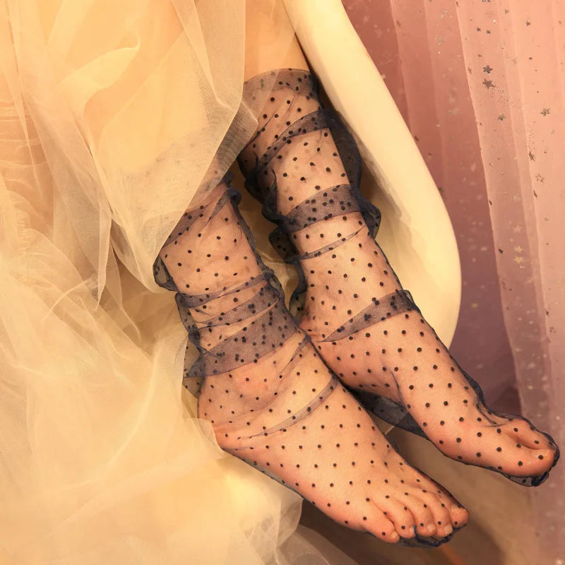Sexy Dot Lace Transparent Mesh Ankle Ultra-Thin Princess Tulle Black White Grey Girls Women Socks