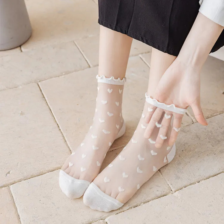 Summer Thin French Lace Ruffles Love Glass Fiber Heart Transparent Sheer Mesh Sweet Girl Women Socks