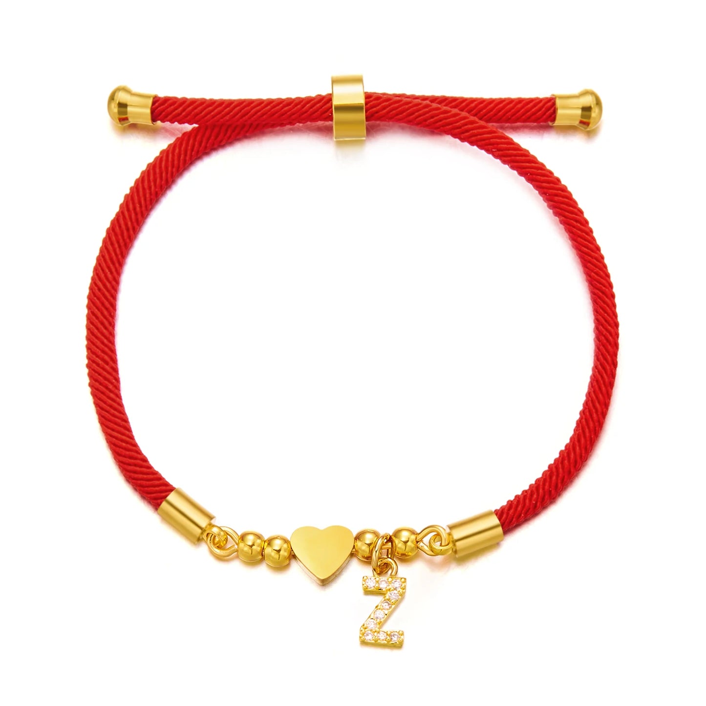 Gold Crystal Zircon A-Z Heart Initial Letter Charm Lucky Red Adjustable Rope Women Bracelet Jewelry