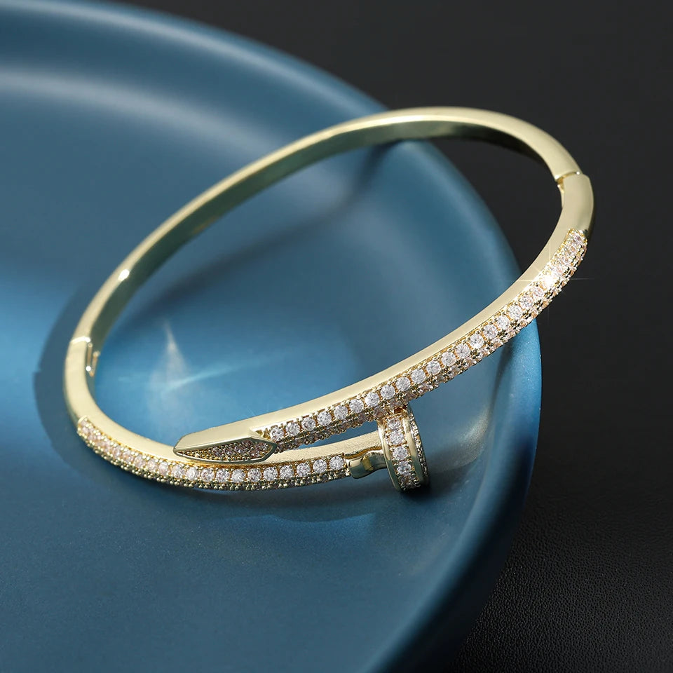 New Zircon Nail Open Fashion Crystal Inlaid Adjustable Silver Gold Women Bracelet Bangle Jewelry