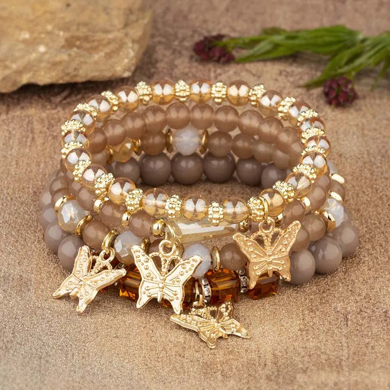 4pcs Trendy Butterfly Beaded Acrylic Beads Bohemian Elastic Chain Gold Women Bracelet Set Bangle Set