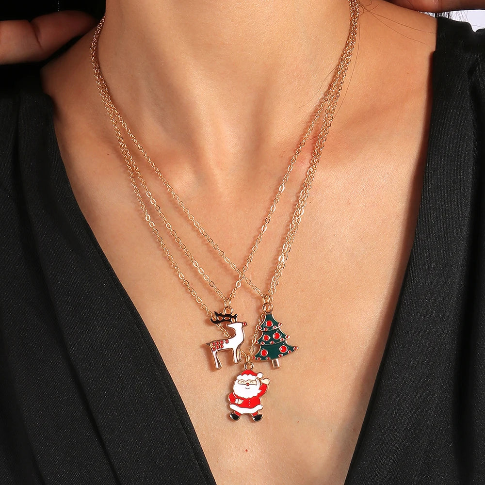 3pcs Christmas Enamel Xmas Tree Bell Santa Snowflake Trendy Pendant Women Necklace Set Jewelry Gift