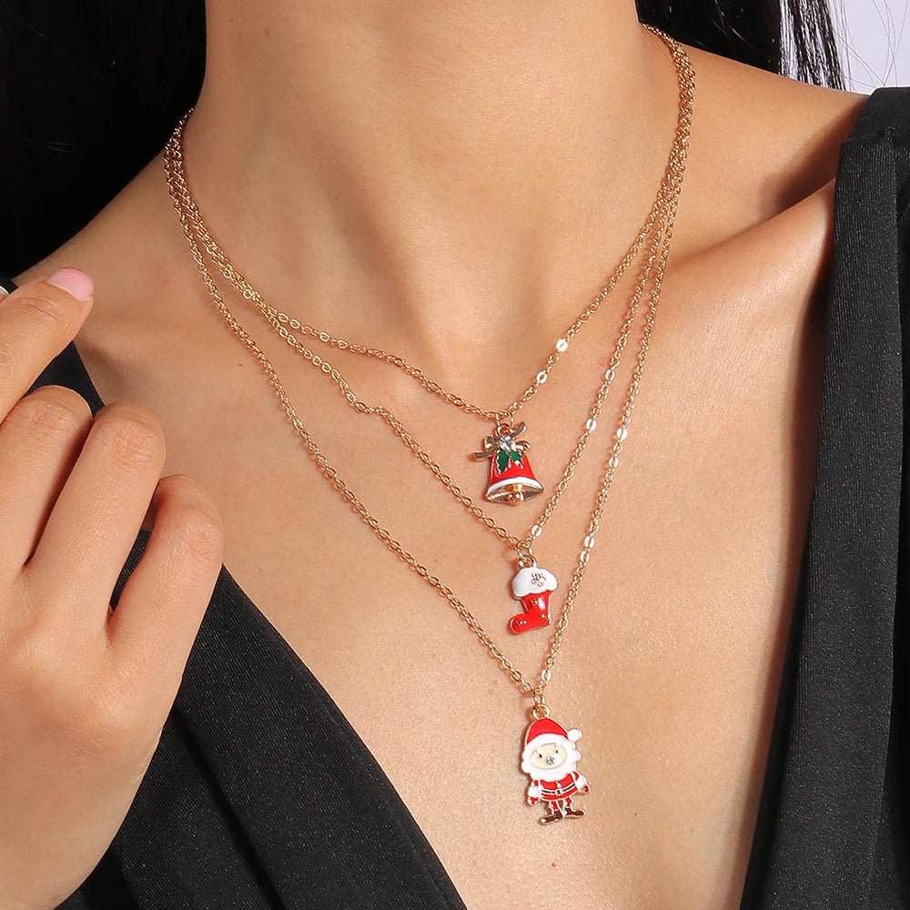 3pcs Christmas Enamel Xmas Tree Bell Santa Snowflake Trendy Pendant Women Necklace Set Jewelry Gift