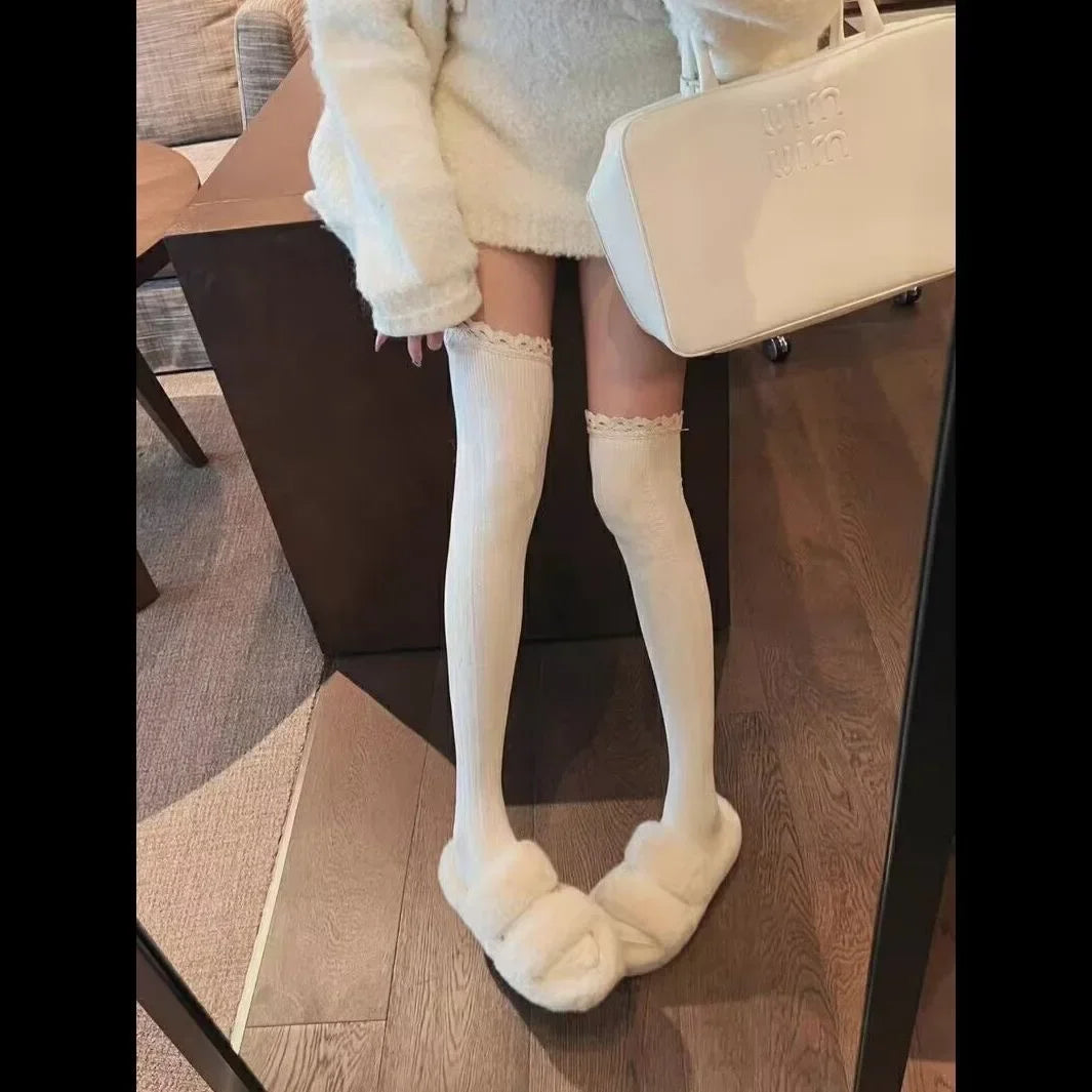 Autumn Winter Black White Grey Thigh High Lace Cute Thick Warm Long Leg Socks Women Stockings
