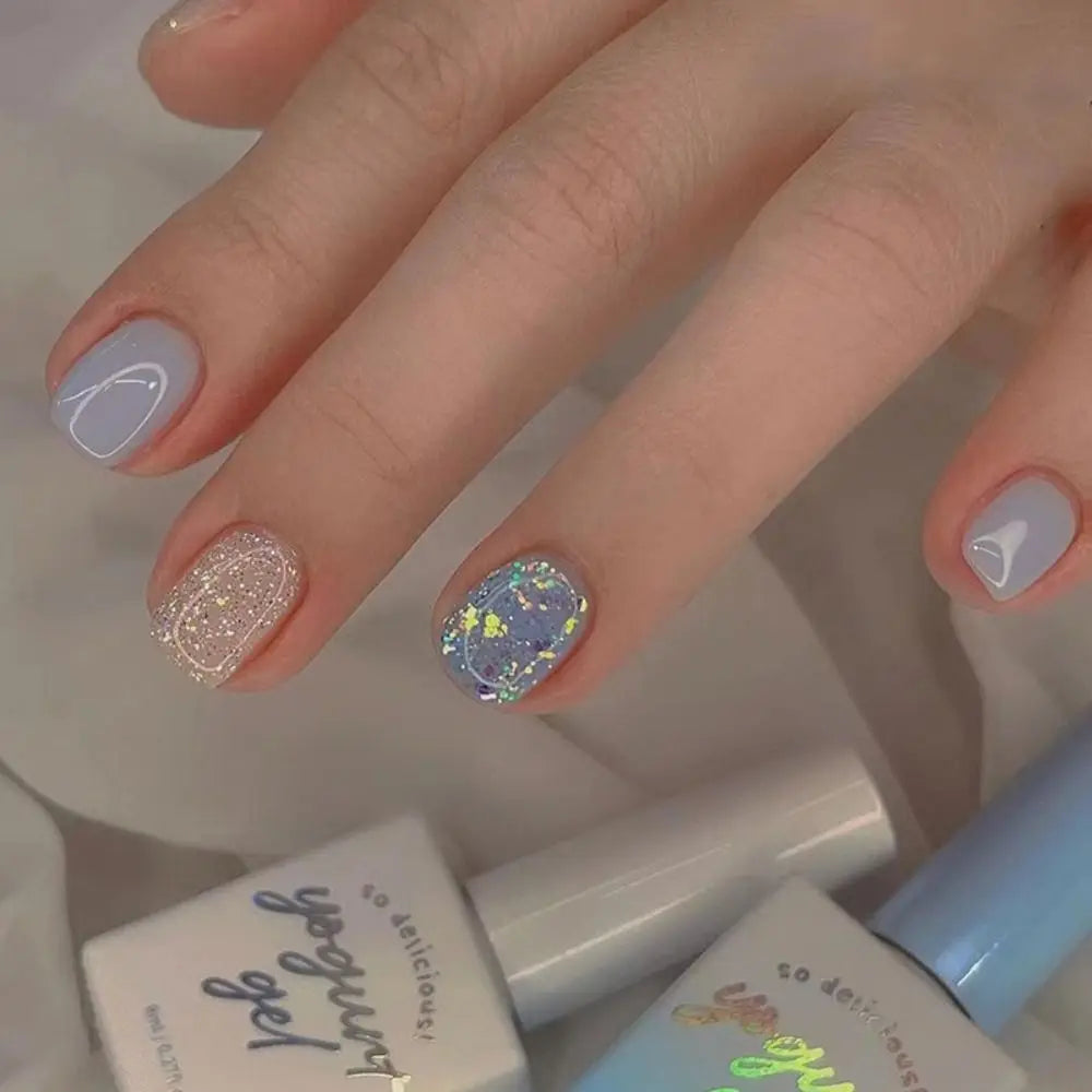 24pcs Short Round French Sparkling Pearl Wavy Love Heart Full Cover Detachable False Press On Nails