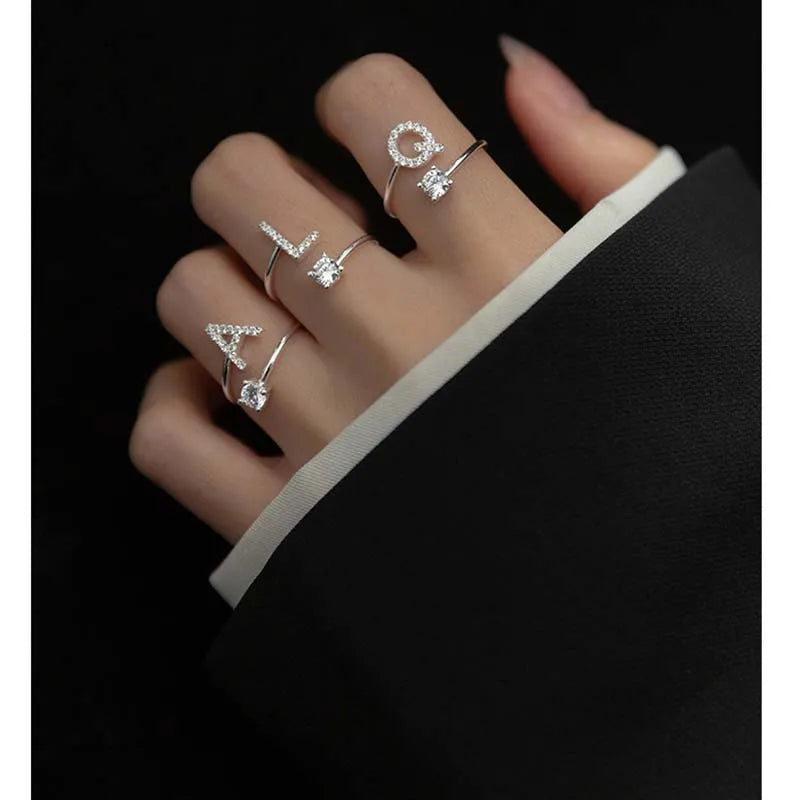 Zircon Initial A-Z Letter Name Alphabet Women Female Metal Adjustable Opening Rings Wedding Gift