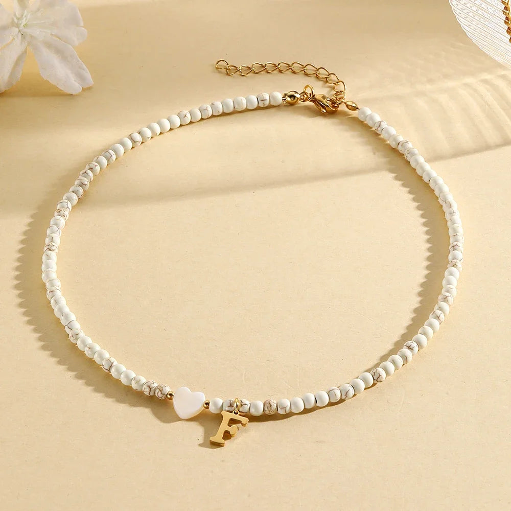 Bohemian Trendy A-Z Initial Heart Shaped Shell letter Pendant Beads Gold Women Necklace Choker