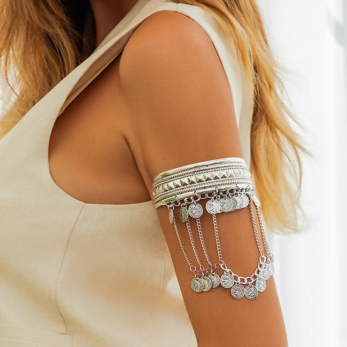 Trendy Metal Coin Leaf Chain Tassel Gold Silver Women Upper Arm Bangle Cuff Bracelet Armlet Armband