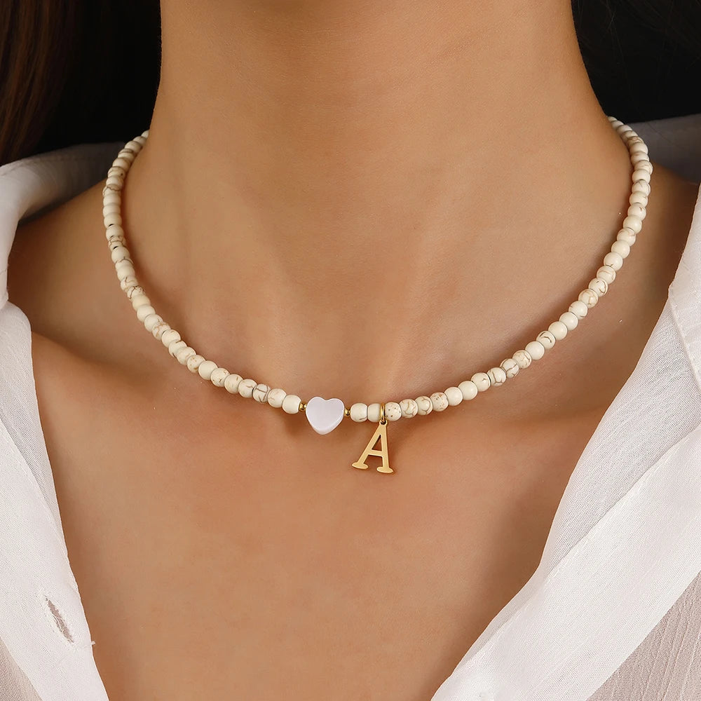 Bohemian Trendy A-Z Initial Heart Shaped Shell letter Pendant Beads Gold Women Necklace Choker