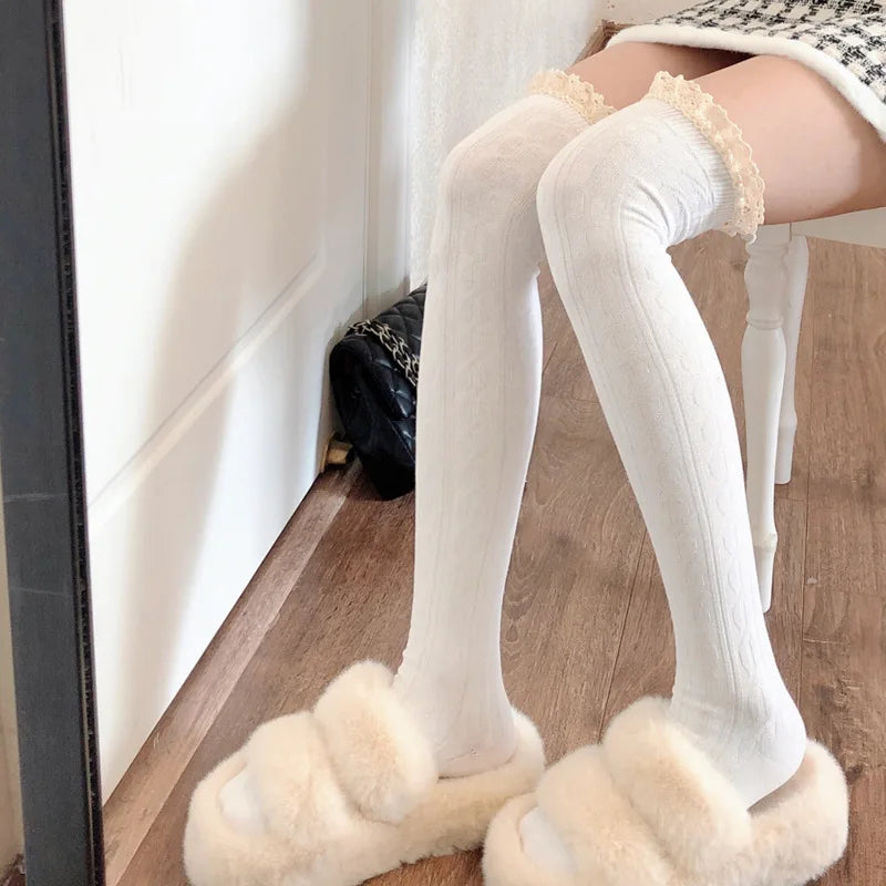 Autumn Winter Black White Grey Thigh High Lace Cute Thick Warm Long Leg Socks Women Stockings