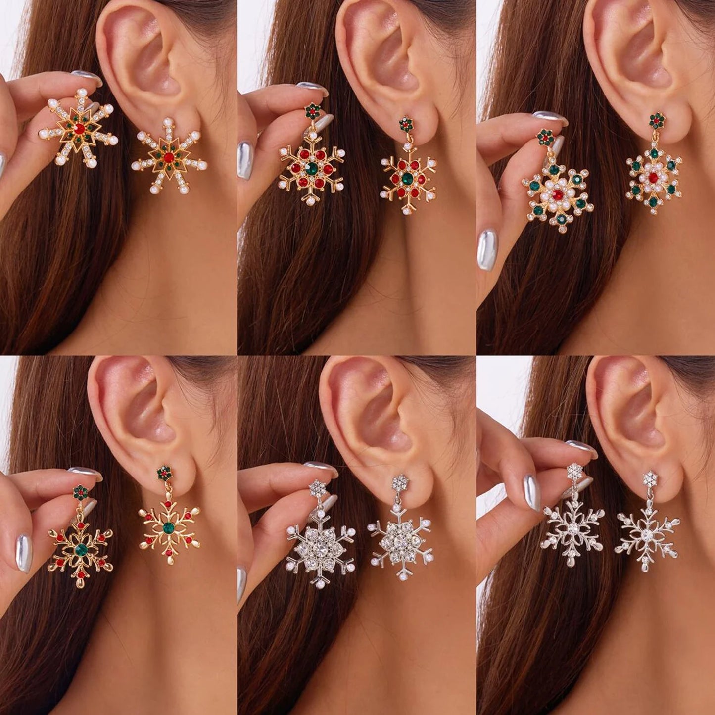 Christmas Snowflake Stud Crystal Zircon Pearl Dangle Piercing Gold Silver Women Earrings Gift