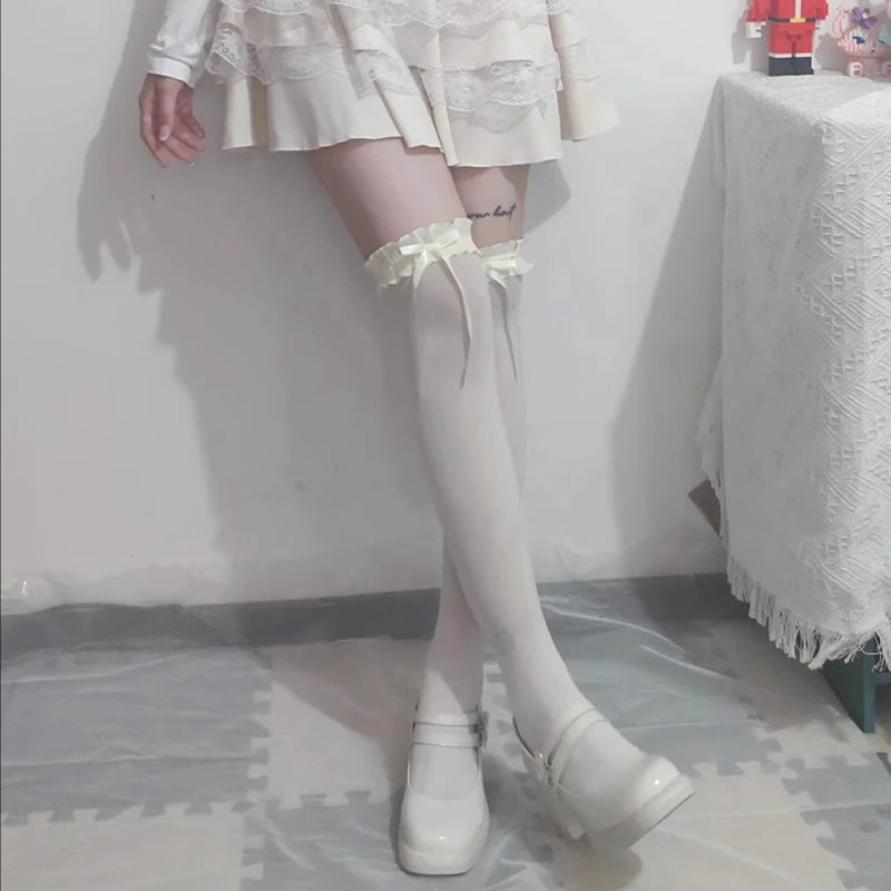 Lace Ruffle Long Sweet Lolita Lace Over The Knee Bowknot Hosiery Black White Women Socks Stockings
