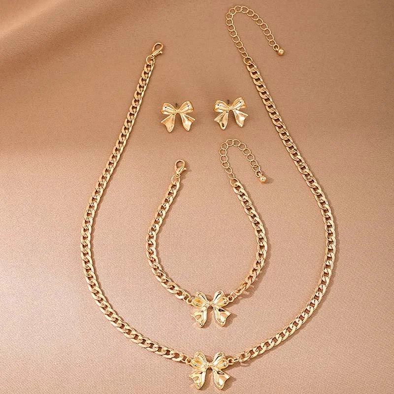 Chain Bowknot Imitation Pearl Fashion Classic Necklace Earrings Bracelet Gold Women Jewelry Set Gift