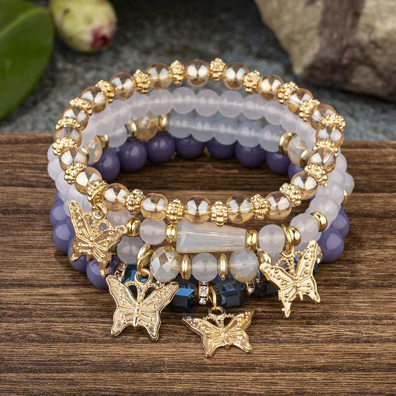 4pcs Trendy Butterfly Beaded Acrylic Beads Bohemian Elastic Chain Gold Women Bracelet Set Bangle Set