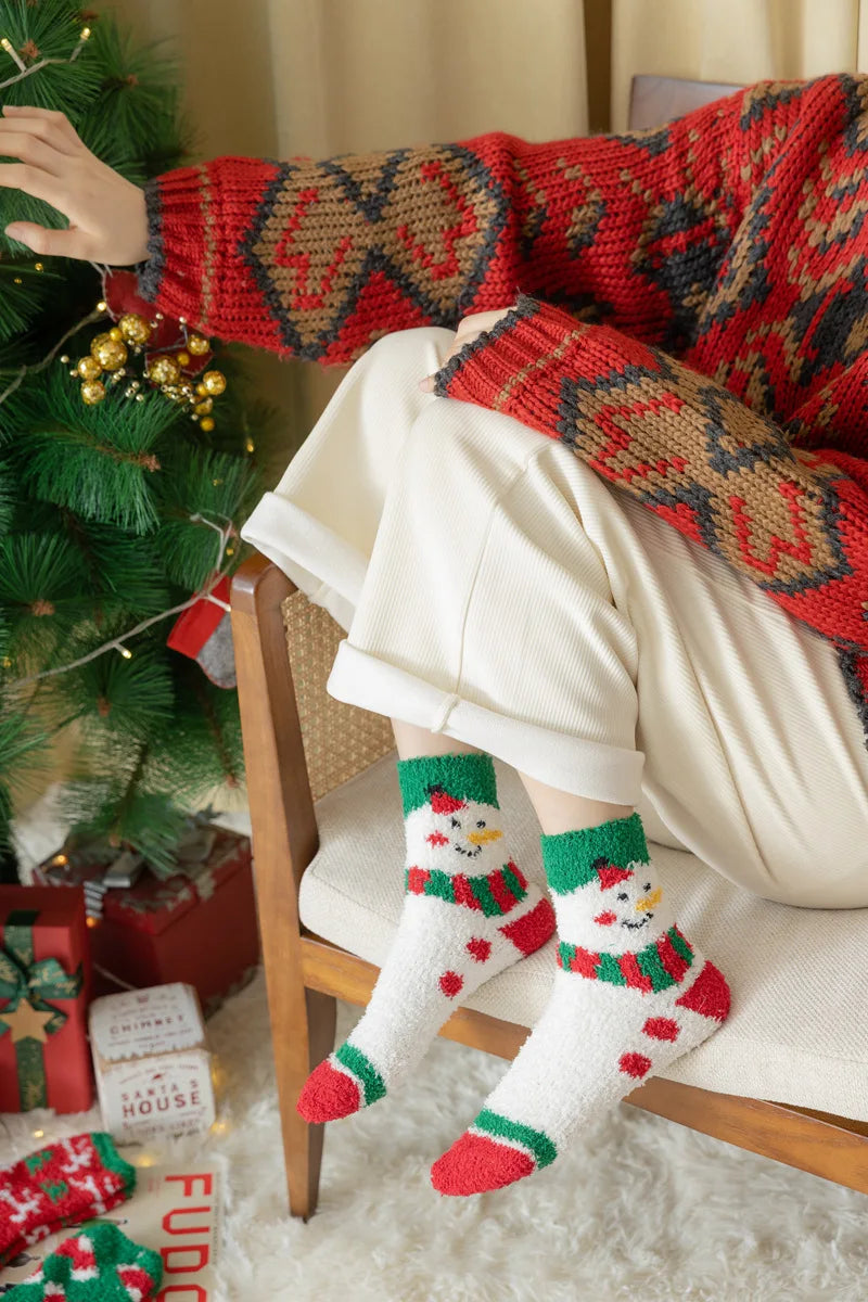 New Christmas coral fleece warm and thick winter socks snowman sleeping floor socks Fall Xmas Gift