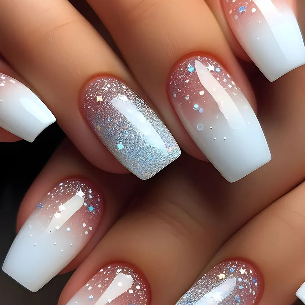 24pcs Simple Square Jelly Glue Gradient French Press on Fake False Nails Short Full Cover Nail Tips