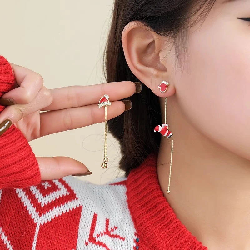 Asymmetric Snowflake Christmas Boot Hat Moving Santa Claus Long Tassel Gold Women Drop Earrings Gift