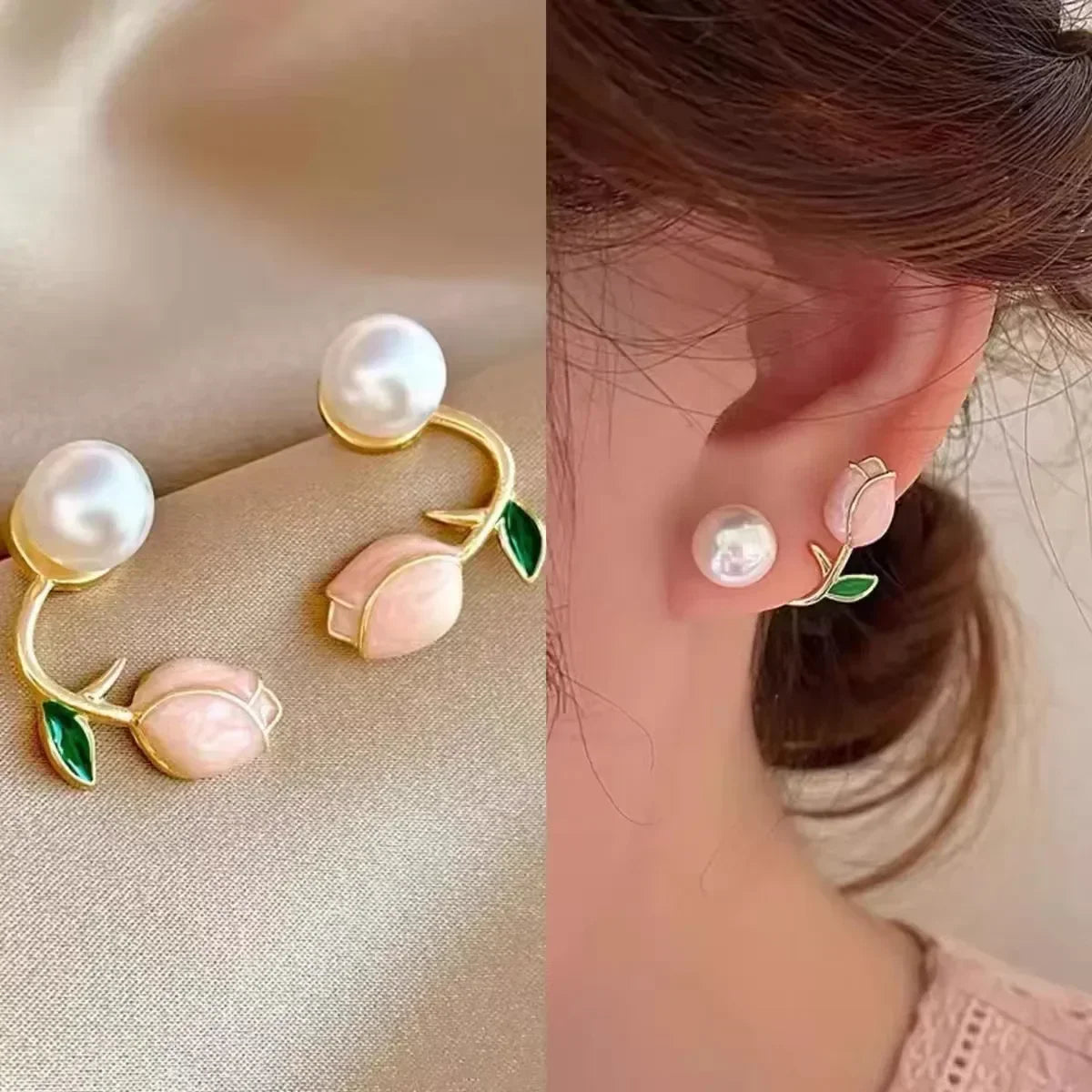 Sweet Fashion Enamel Pearl Tulip Flower Korean Zircon Back Hanging Gold Women Earrings Jewelry Gifts