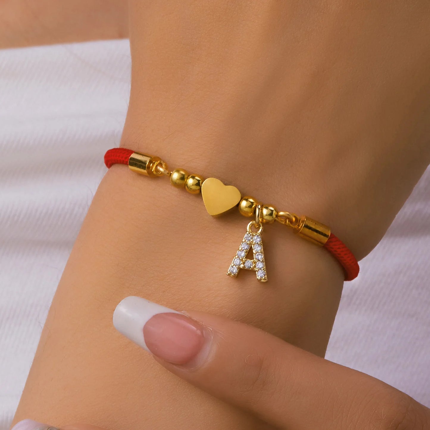 Gold Crystal Zircon A-Z Heart Initial Letter Charm Lucky Red Adjustable Rope Women Bracelet Jewelry