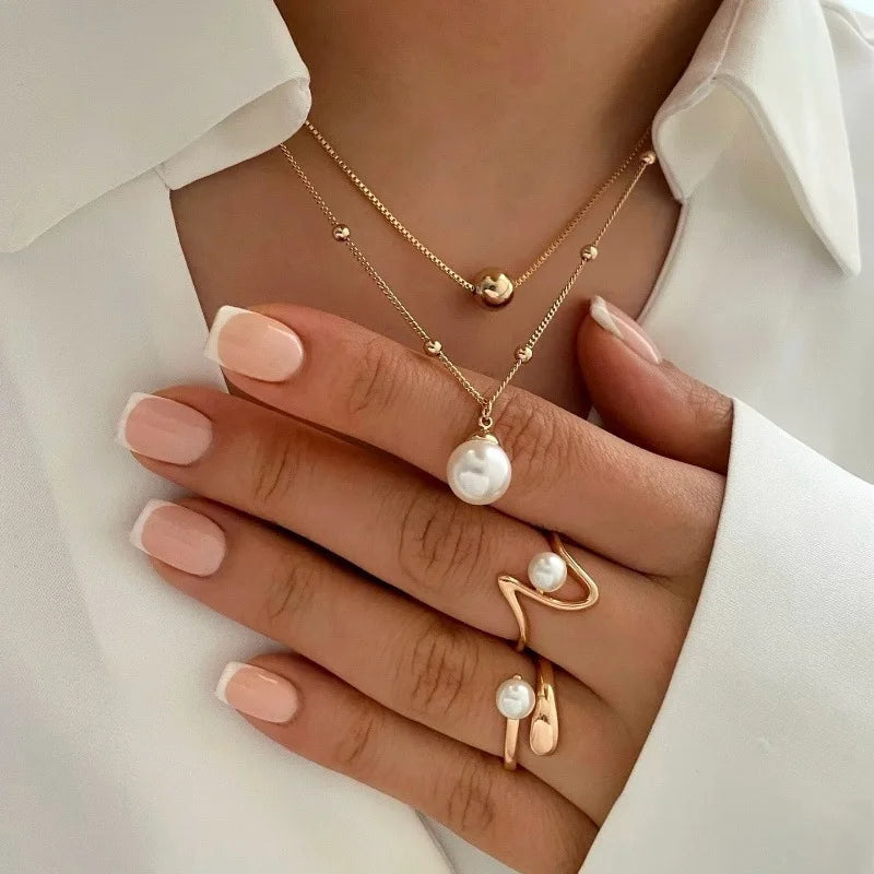 New Fashion Tulip Flower Niche Design Pearl Jewelry Sets Gold Women Necklace Rings Sets