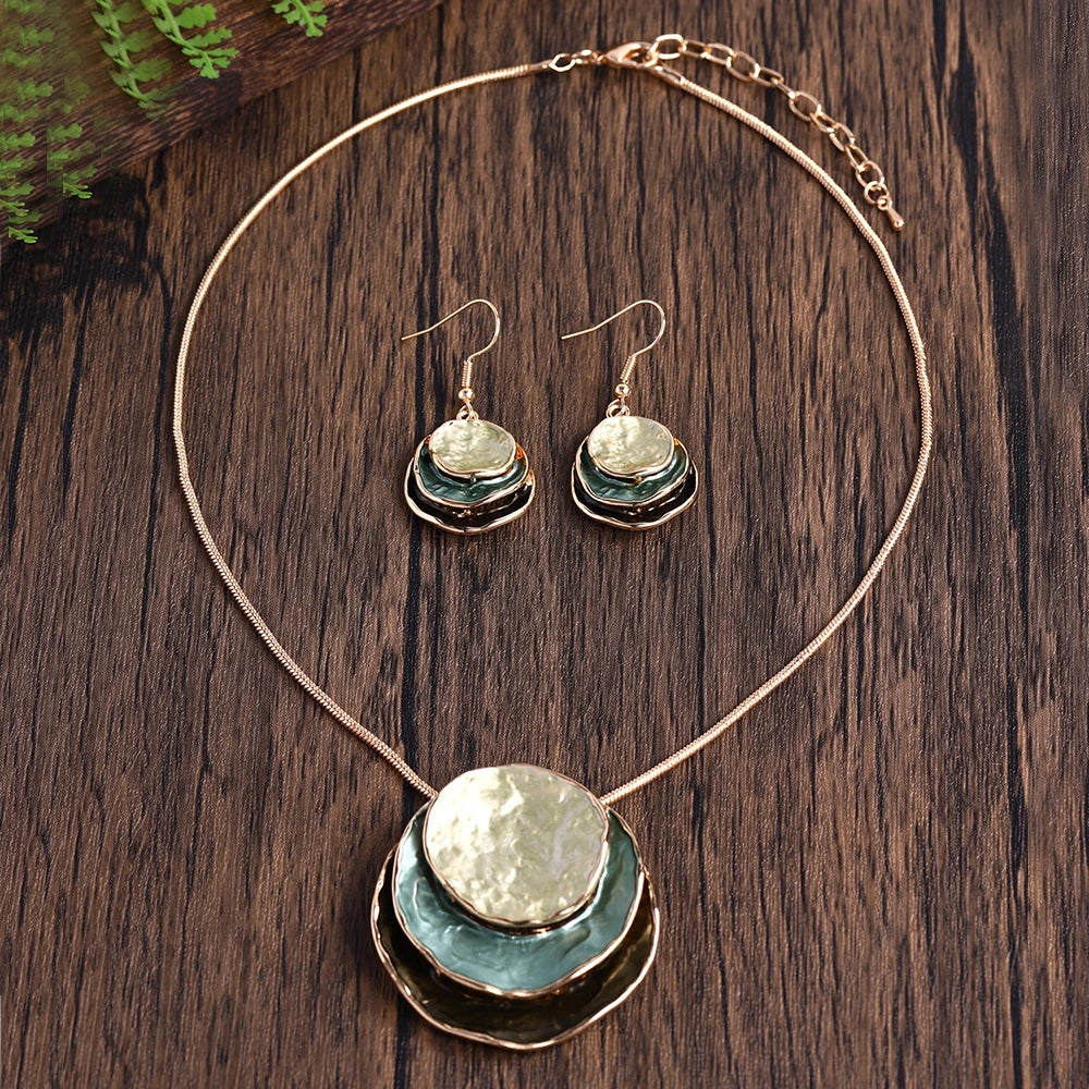 Fashion Trendy Oil Drip 3 Layers Geometric Round Pendant Necklace Earrings Gold Women Jewelry Set