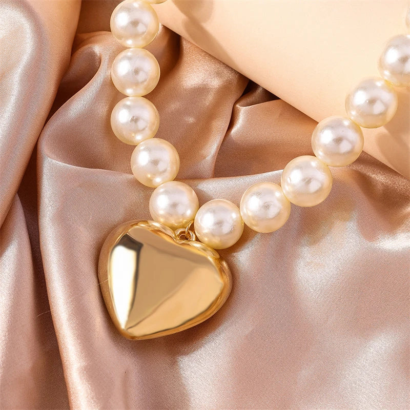 Elegant Trendy Cool Imitation Pearl Big Love Heart Pendant Gold Women Necklace Jewelry Gifts
