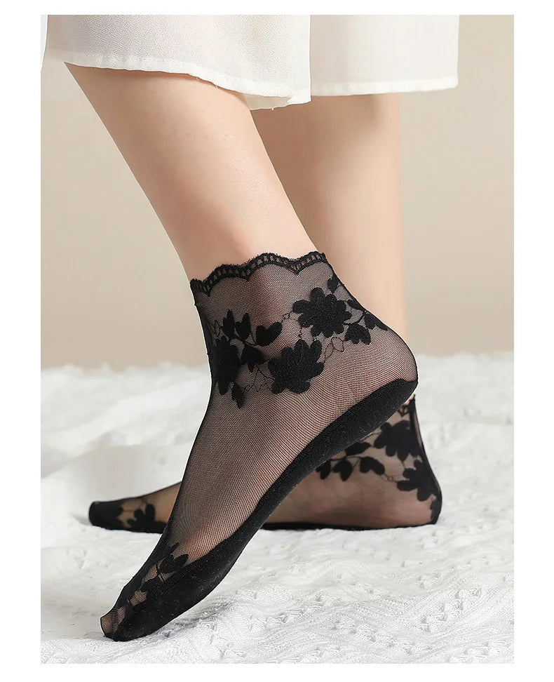 5 Pairs Socks Lace Transparent Lolita Invisible Thin Non-slip Short Ankle Low Cut Boat Women Socks