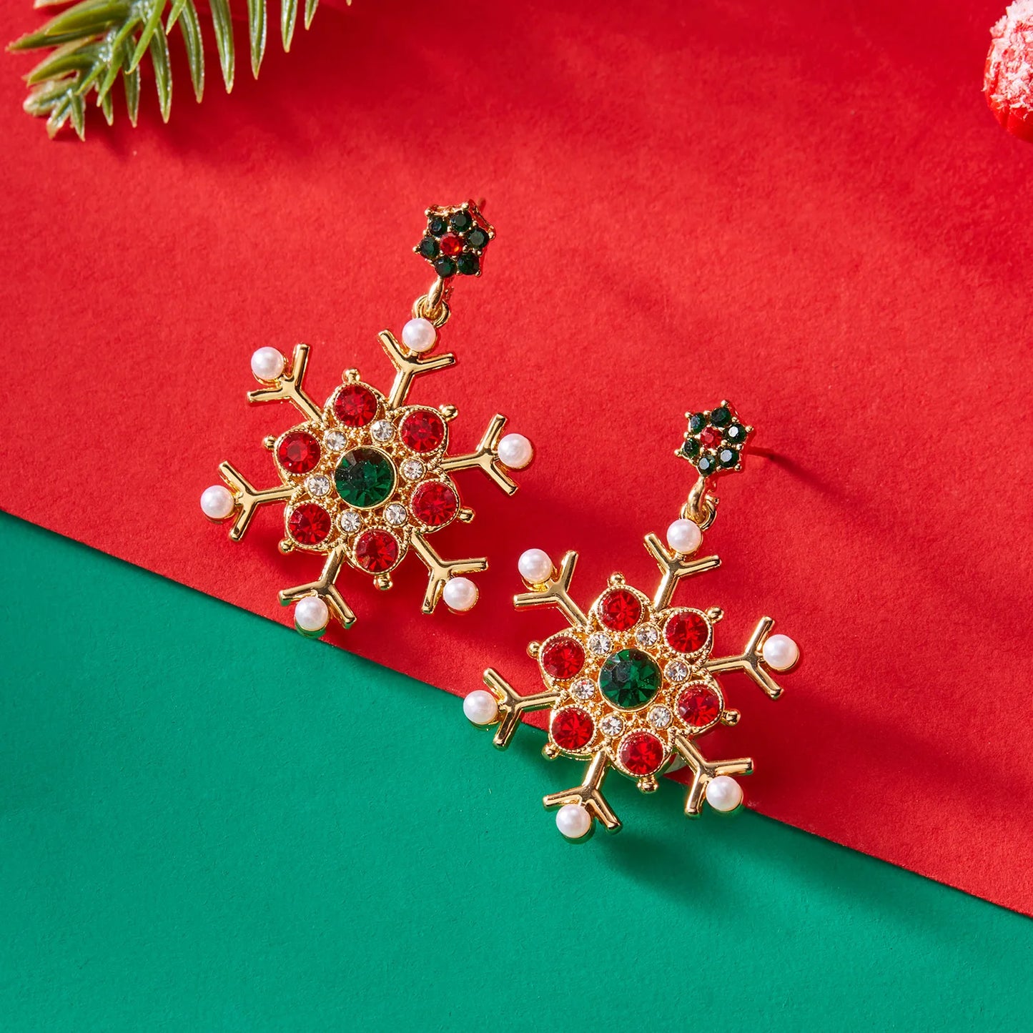 Christmas Snowflake Stud Crystal Zircon Pearl Dangle Piercing Gold Silver Women Earrings Gift