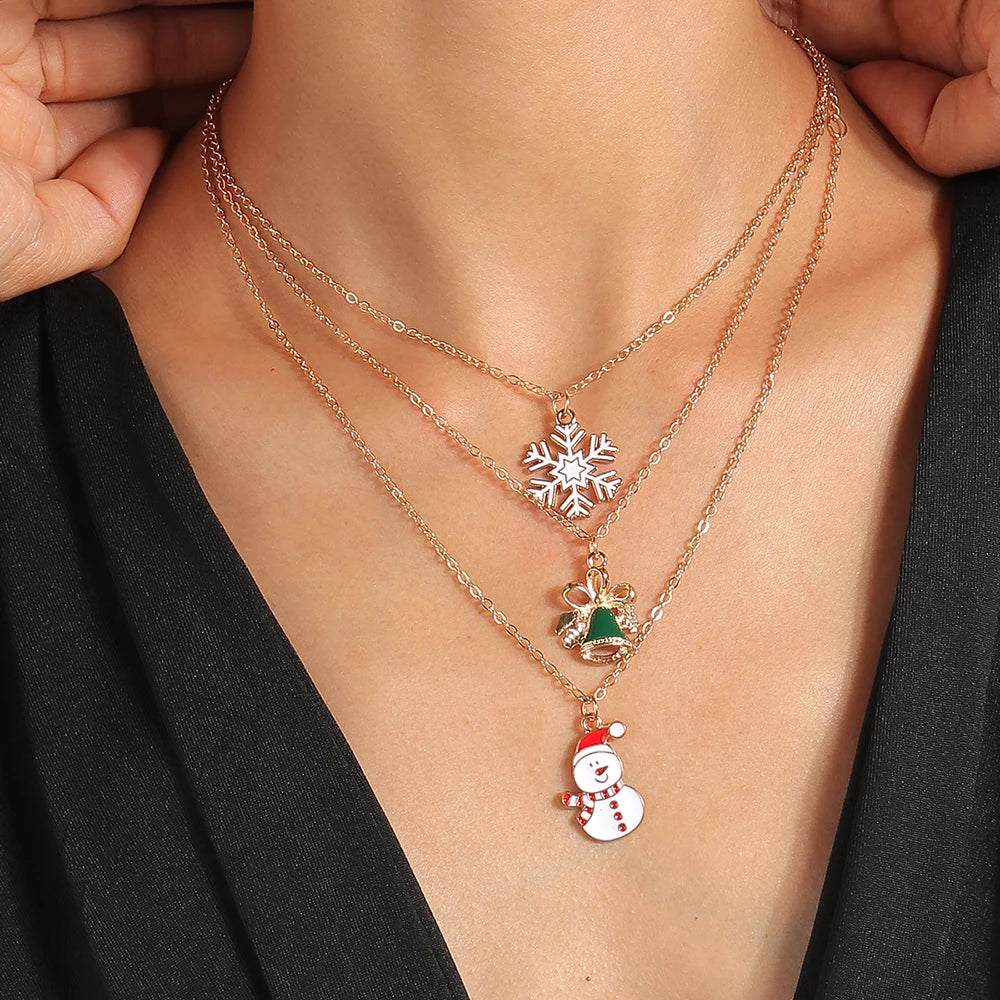 3pcs Christmas Enamel Xmas Tree Bell Santa Snowflake Trendy Pendant Women Necklace Set Jewelry Gift