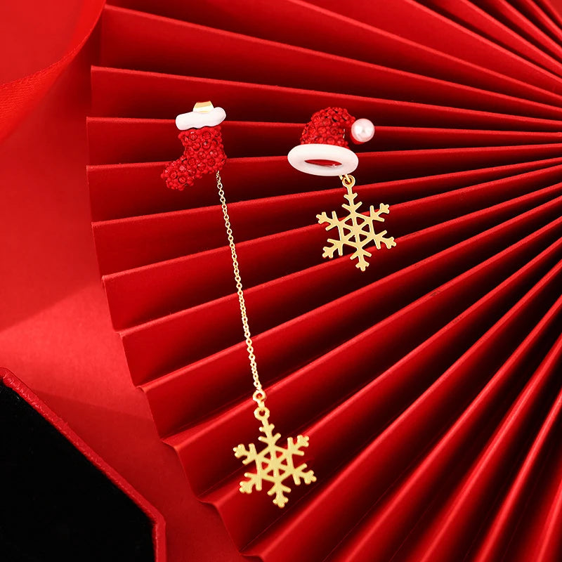 Asymmetric Snowflake Christmas Boot Hat Moving Santa Claus Long Tassel Gold Women Drop Earrings Gift