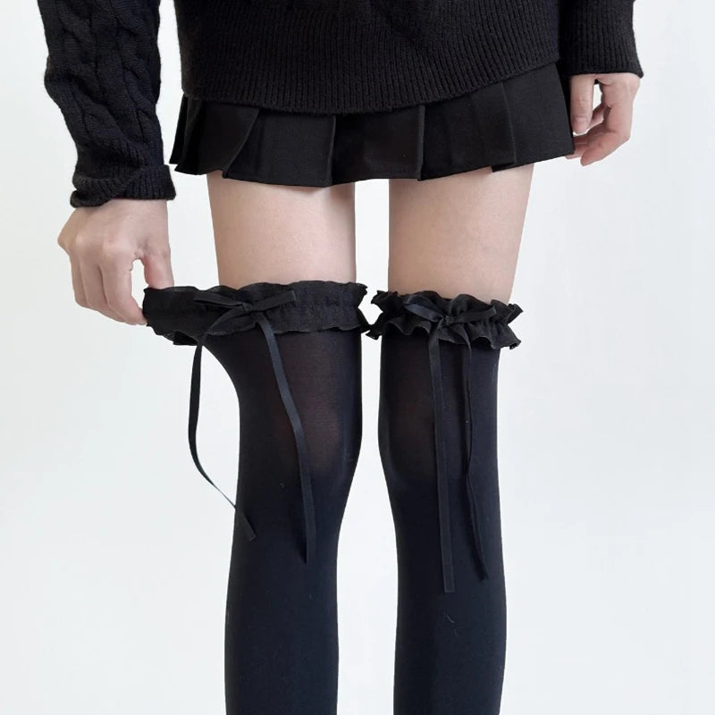 Lace Ruffle Long Sweet Lolita Lace Over The Knee Bowknot Hosiery Black White Women Socks Stockings