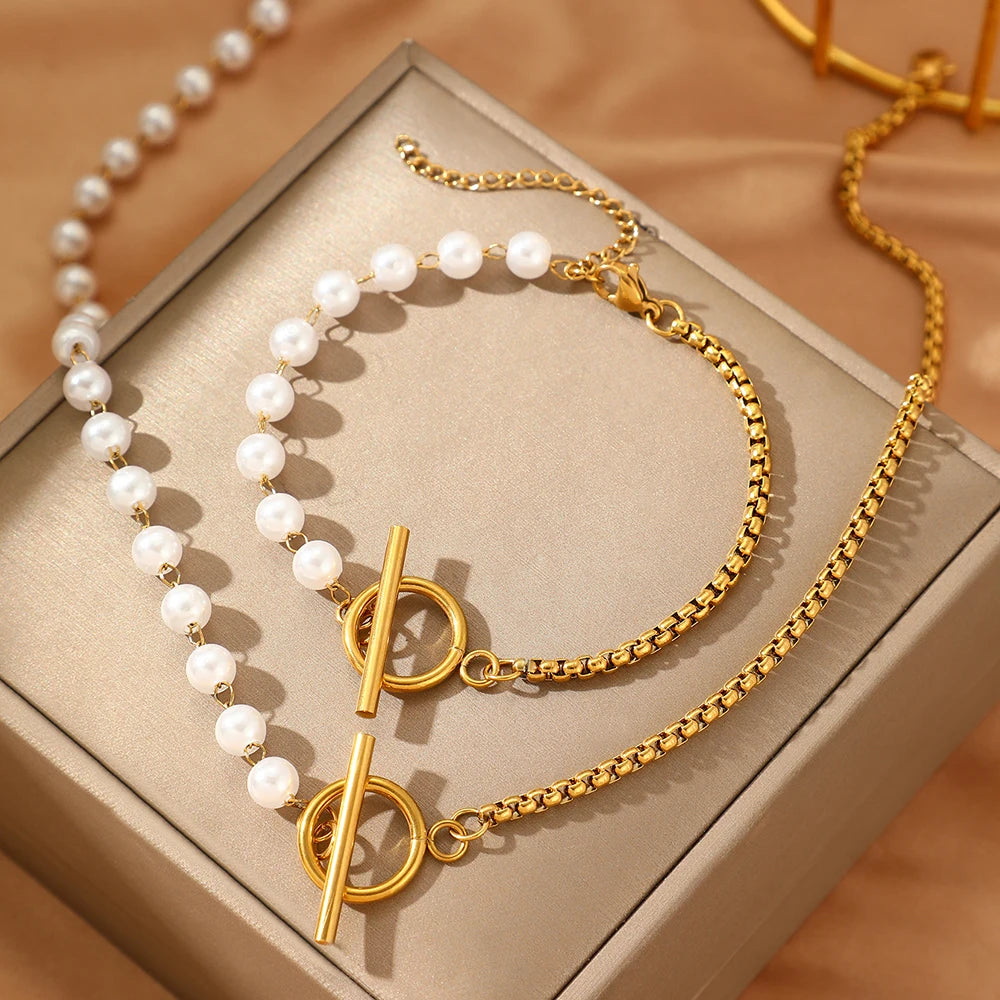 Trendy Elegant Design Splicing Pearl Chain Light Luxury Pendant Necklace Bracelet Women Jewelry Set