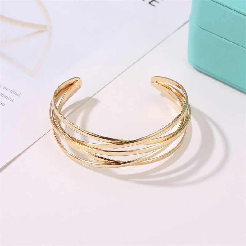 Fashion Open Wide Metal Layered Wrist Cuff Wrap Vintage Gold Silver Women Bangle Bracelet Jewelry