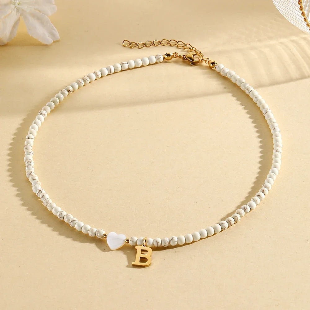Bohemian Trendy A-Z Initial Heart Shaped Shell letter Pendant Beads Gold Women Necklace Choker