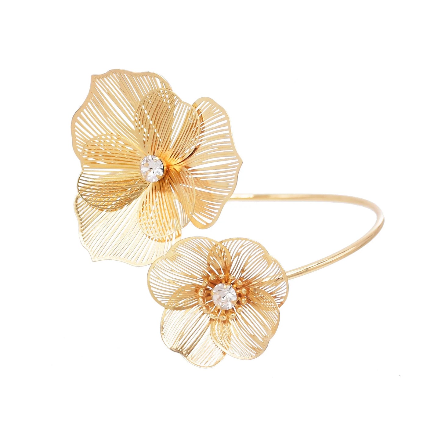 Hollow Crystal Flower Opening Arm Luxury Bridal Wedding Gold Silver Women Bracelet Bangle Jewelry