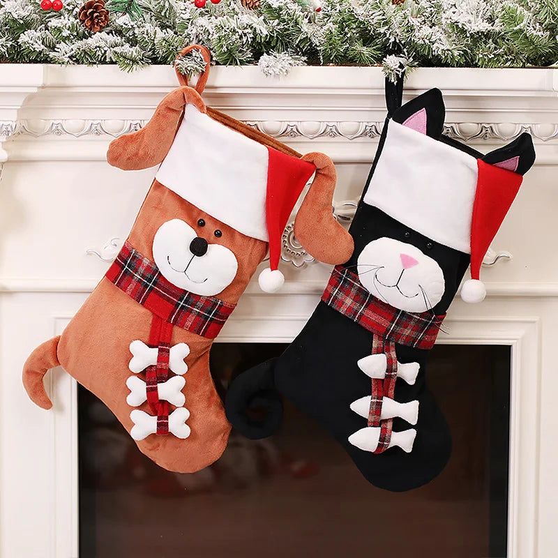 Christmas Dog Cat Pendants Ornaments Fur Collar Lattice Socks Christmas Tree Decorations Fall Gifts