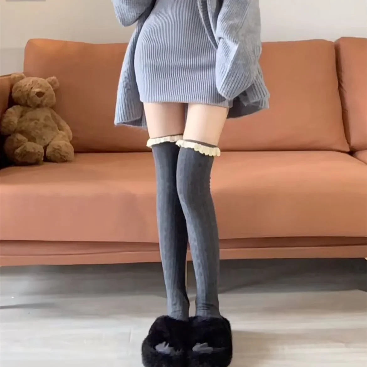 Autumn Winter Black White Grey Thigh High Lace Cute Thick Warm Long Leg Socks Women Stockings