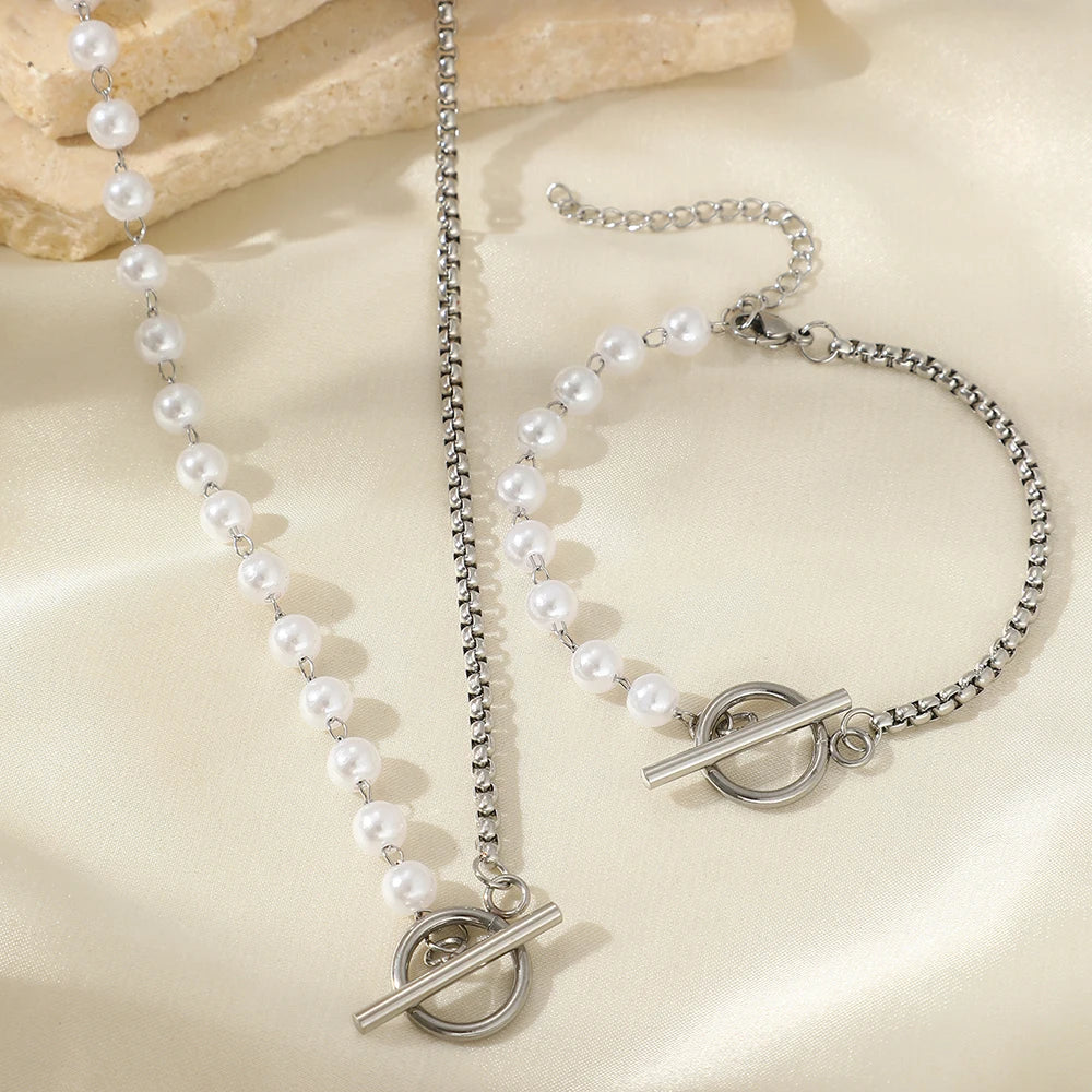 Trendy Elegant Design Splicing Pearl Chain Light Luxury Pendant Necklace Bracelet Women Jewelry Set