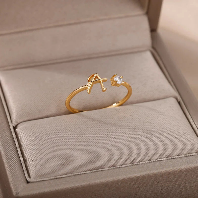 A-Z Initial Open Adjustable Wedding Trendy Crystal Zircon Gold Couple Women Rings Jewelry Gift
