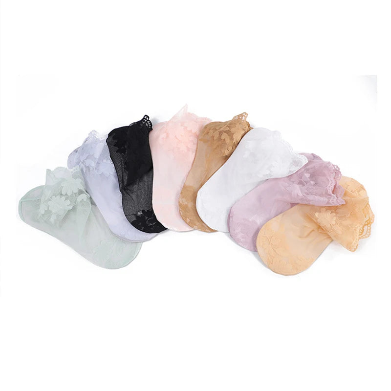 5 Pairs Socks Lace Transparent Lolita Invisible Thin Non-slip Short Ankle Low Cut Boat Women Socks