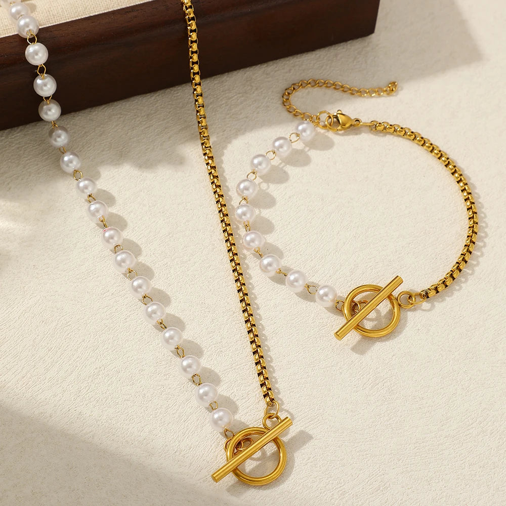 Trendy Elegant Design Splicing Pearl Chain Light Luxury Pendant Necklace Bracelet Women Jewelry Set