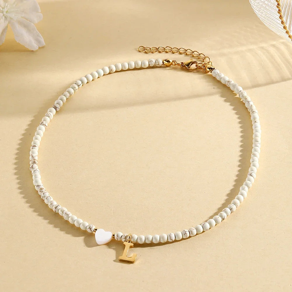 Bohemian Trendy A-Z Initial Heart Shaped Shell letter Pendant Beads Gold Women Necklace Choker