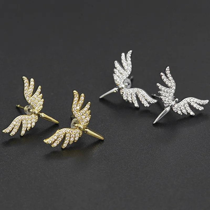Fashionable Cute Micro-embellished Angel Wings Pendant Women Clavicle Necklace Earrings Jewelry Set